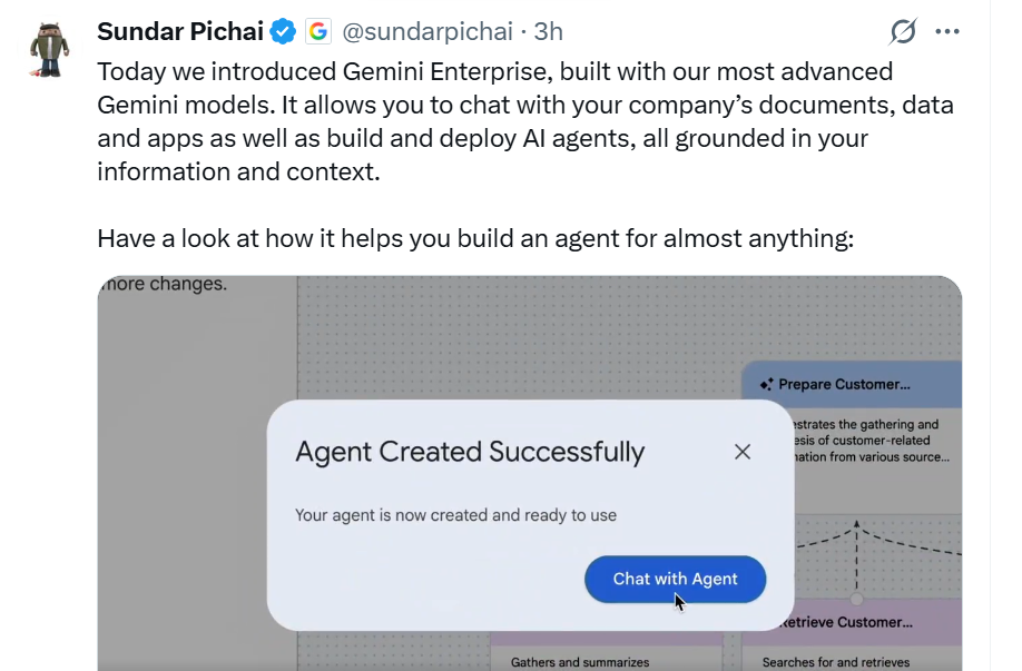 Google CEO Sundar Pichai shared tweet about Gemini enterprise