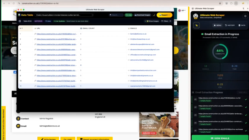 Extracting emails from multiple pages using the Ultimate Web Scraper Chrome extension.